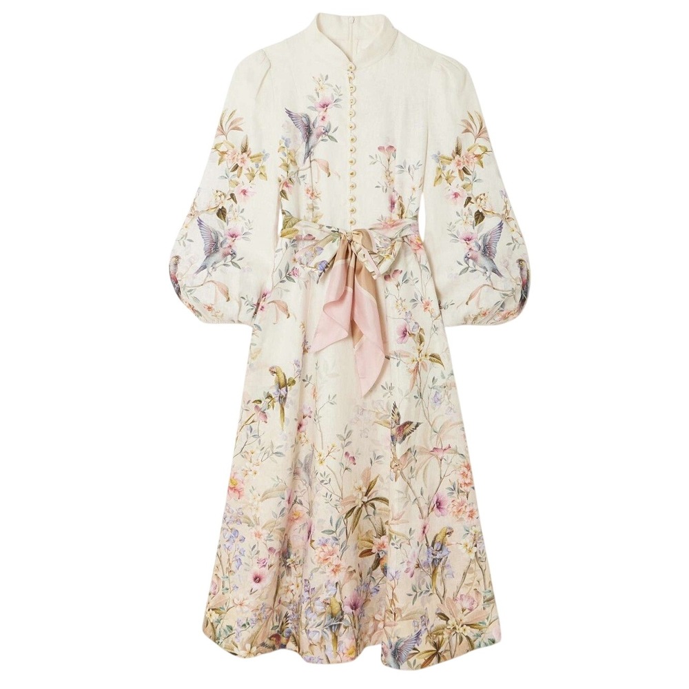 Zimmermann Rebellion Button Midi Dress Cream Aviary Linen Silk Belted Size US 4 - Picture 16 of 16